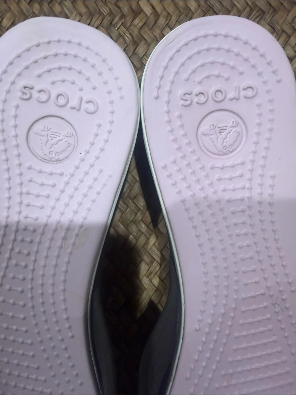 CROCS Women's Slide Sandals in Black Straps and Light Pink Footbed